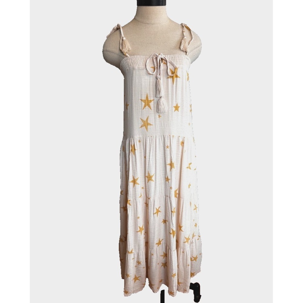 Storia Gold Star Midi Sun Dress Cream Tie Shoulder Smocked Tiered XS Guaze